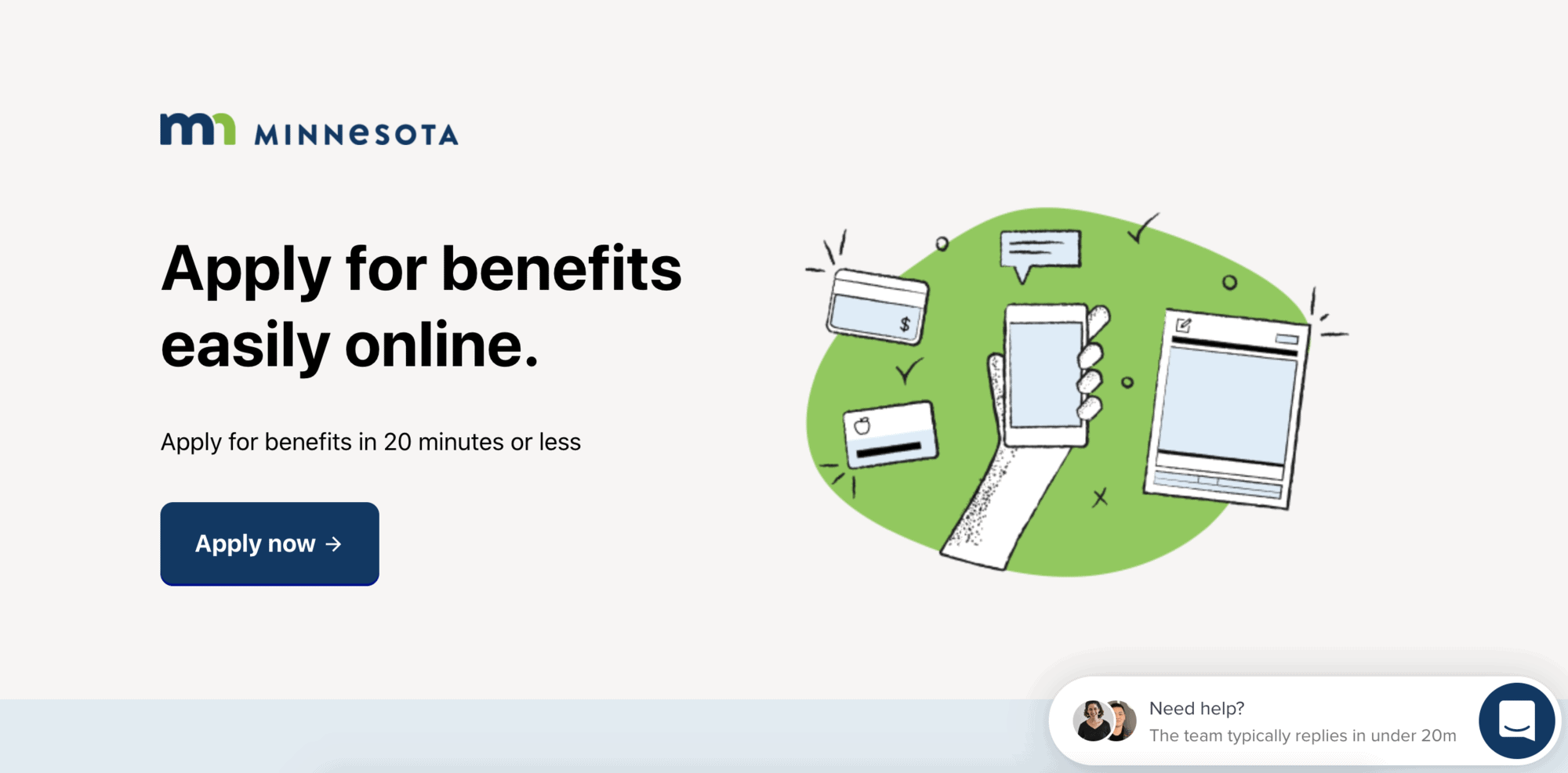 A screenshot of the homepage for MNbenefits, with the headline "Apply for benefits easily online" next to an illustration of a phone and benefits cards