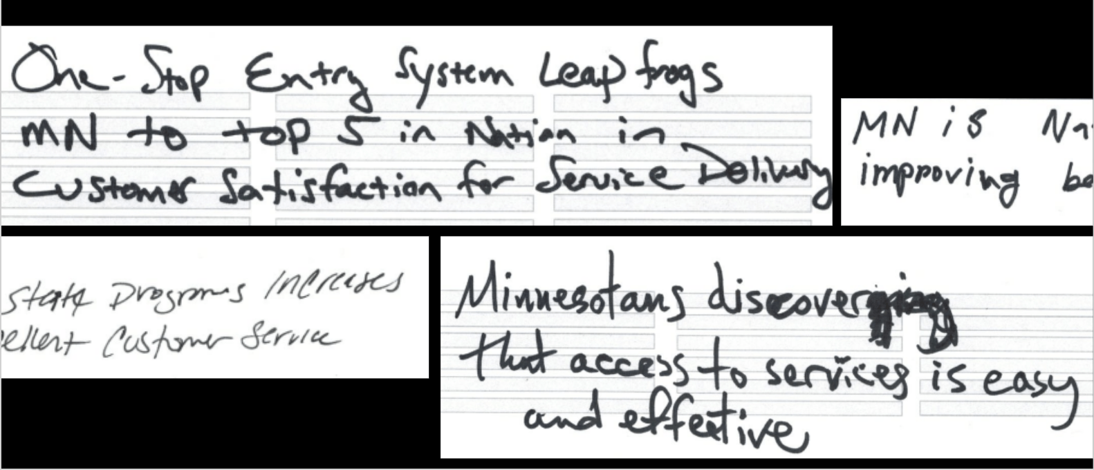 text written on index card showing goals for an improve benefits site