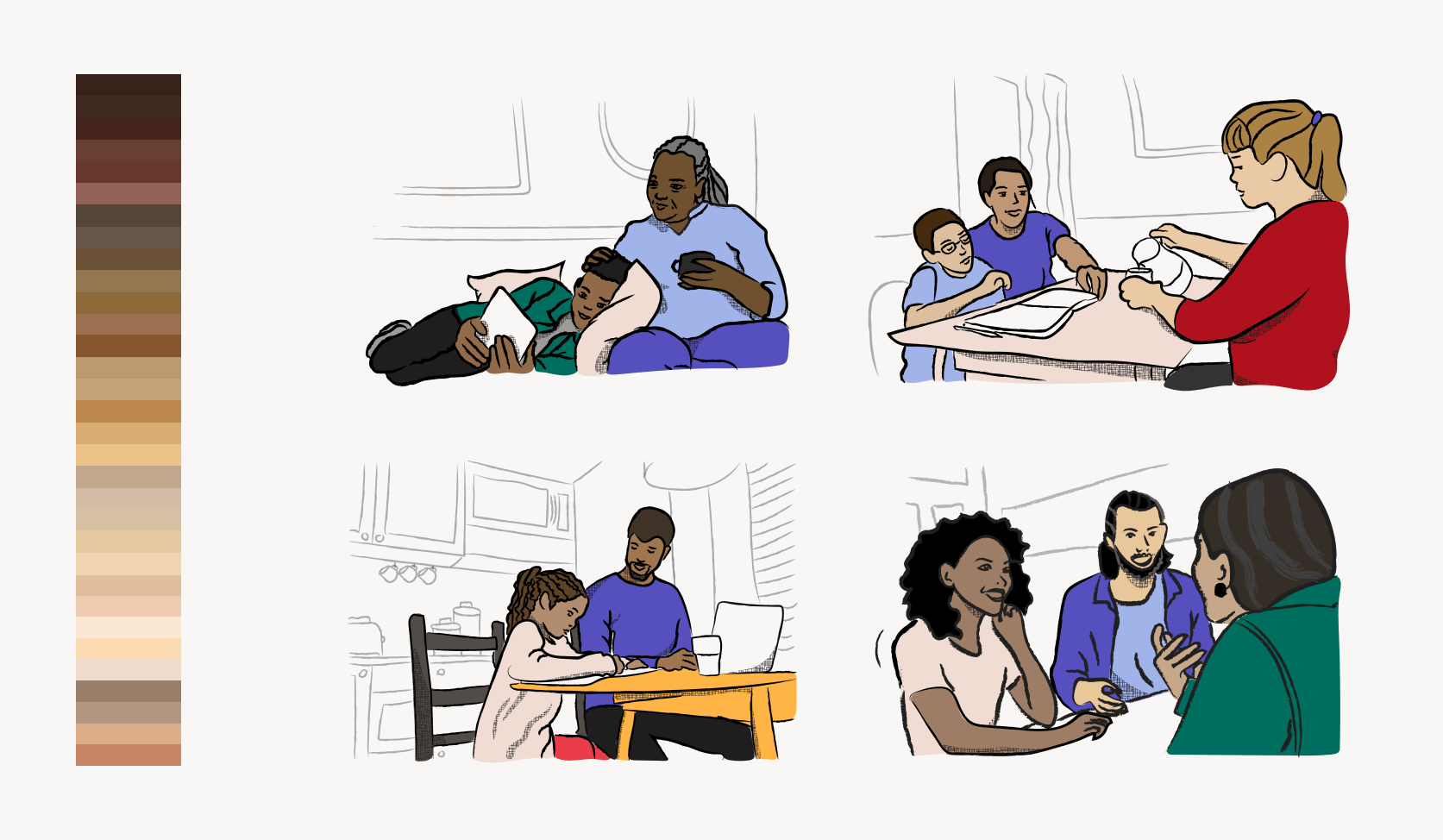 Four illustrations of people in new style with a bar to the left that shows a gradient of many realistic skin tones