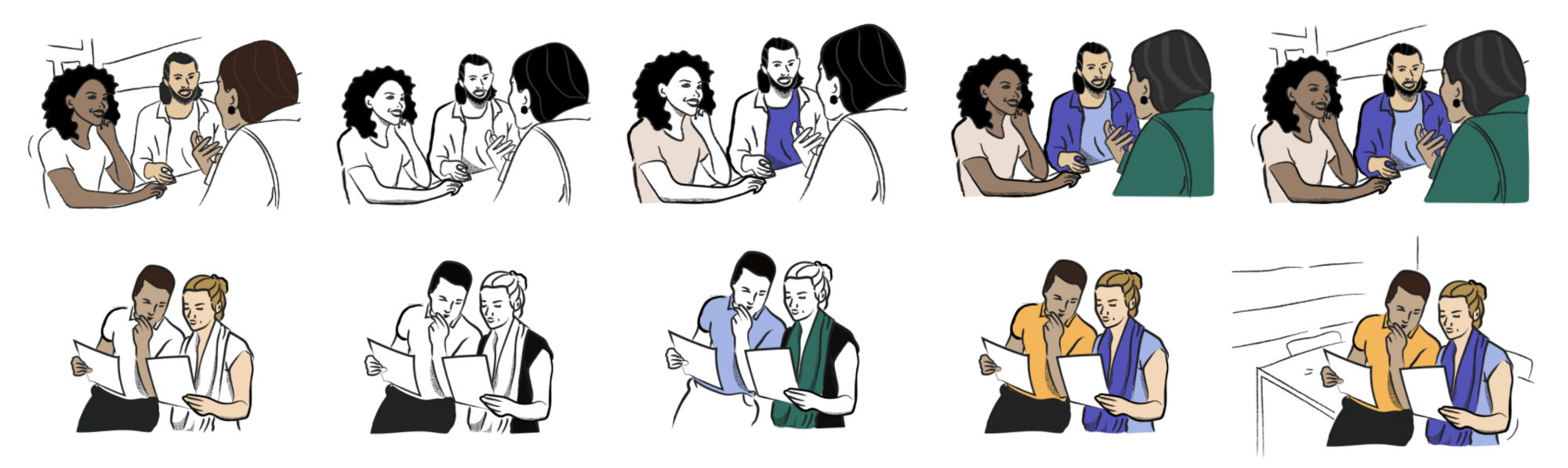 Image that shows two illustrations across multiple design phases with variations in color fill before landing on our new style