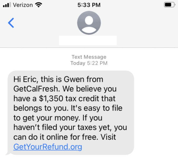 screenshot of a text message to a GetYourRefund client