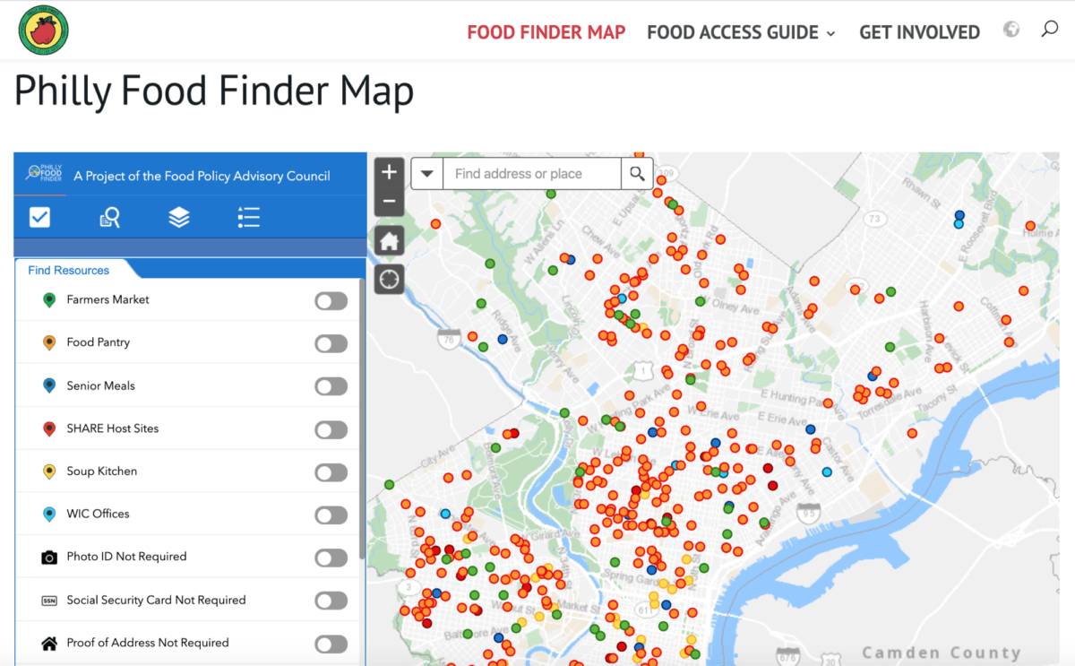 Philly Food Finder's map tool showing different places to get food