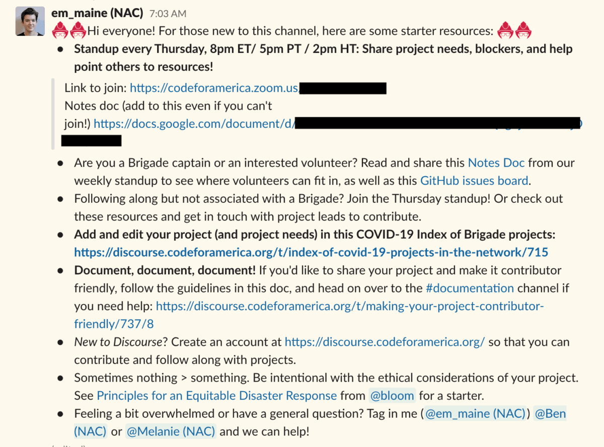 Screenshot of a pinned Slack message outlining channel norms and resources