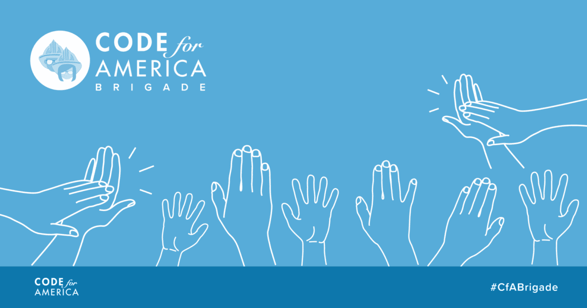 Illustration of raised and clapping hands with the Code for America Brigade logo