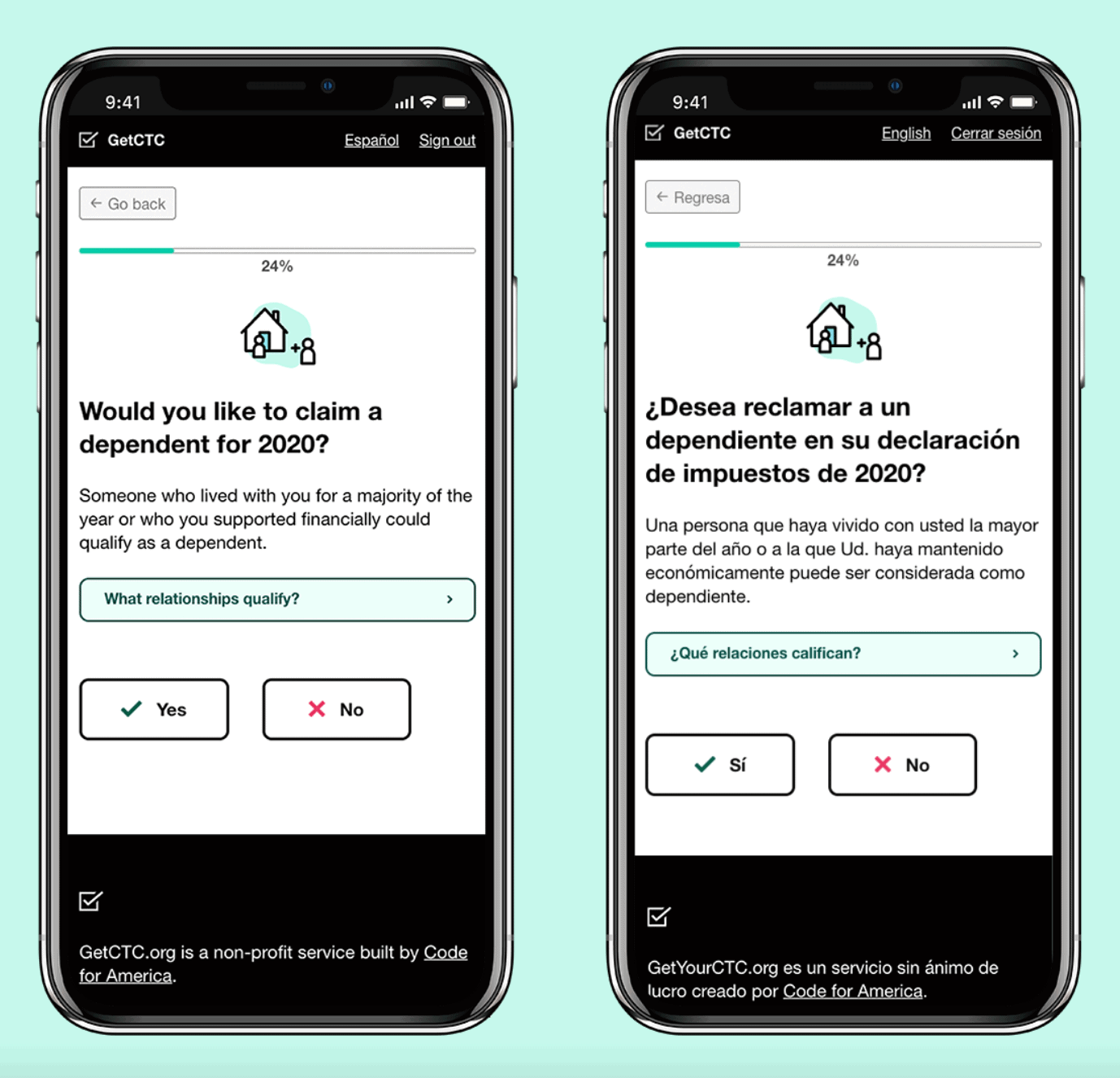 GetCTC.org screeens on iPhone asking "Would you like to claim a dependent?" in English and Spanish