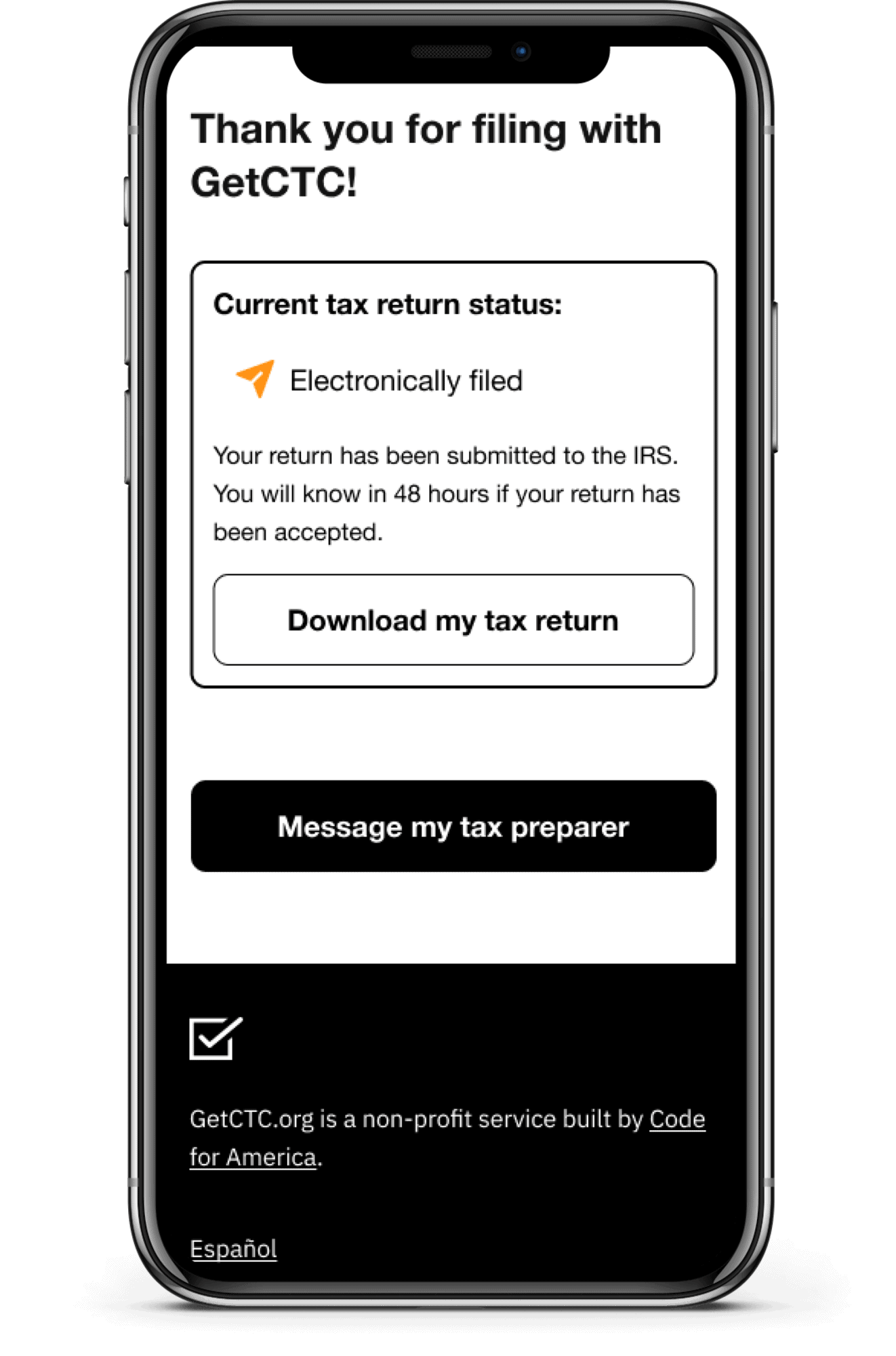 Completion screen on mobile phone telling client they have successfully filed for the Child Tax Credit