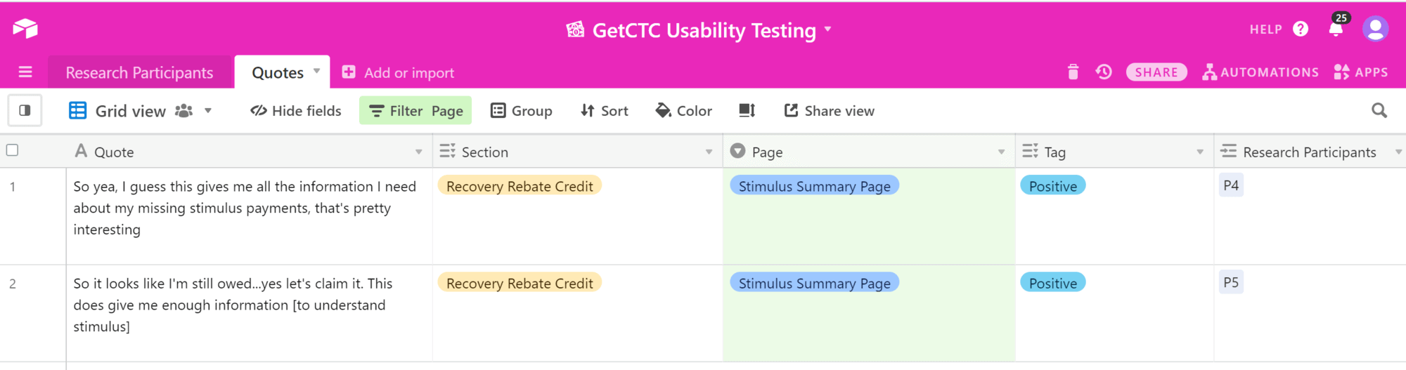 a screenshot of a spreadsheet with client quotes in it