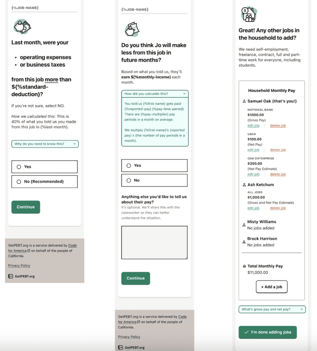 Income screens on the application