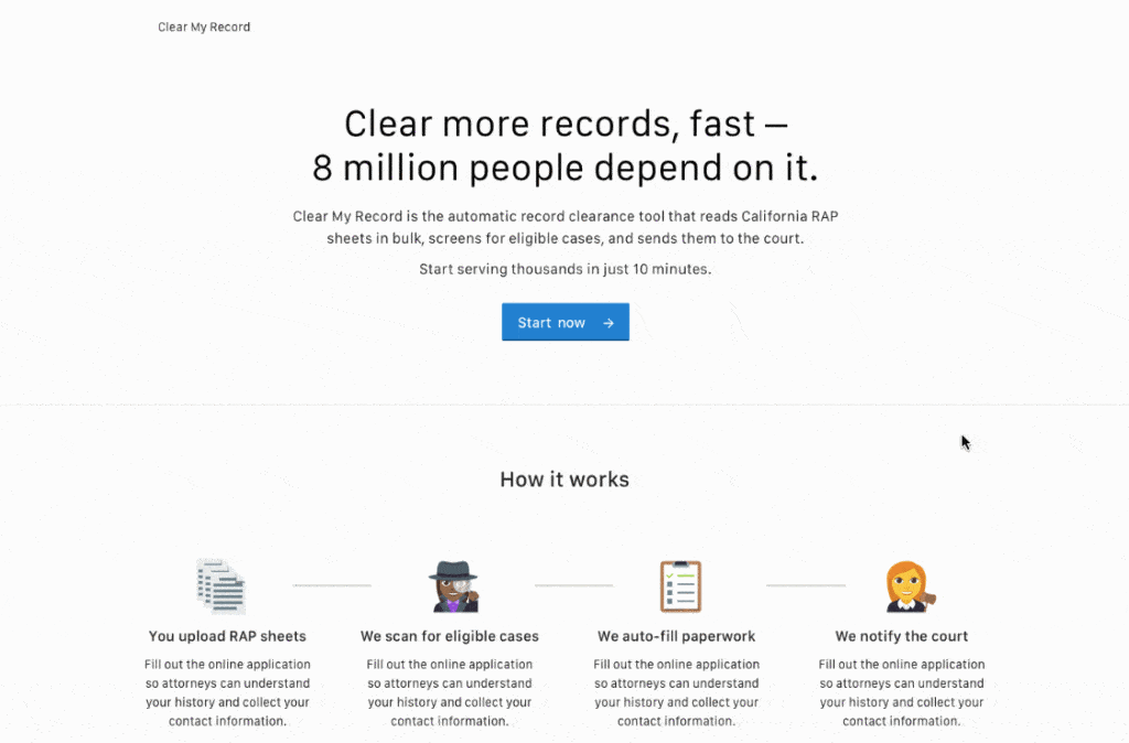 Animated screen capture of the Clear My Record prototype
