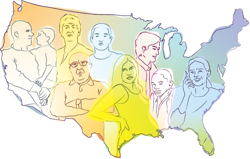 Illustration of people and the outline of the continental US