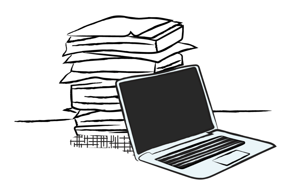 Illustration of a laptop computer next to a stack of paper