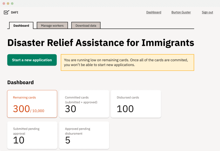 A screenshot of what a caseworker would see when helping people apply for DRAI