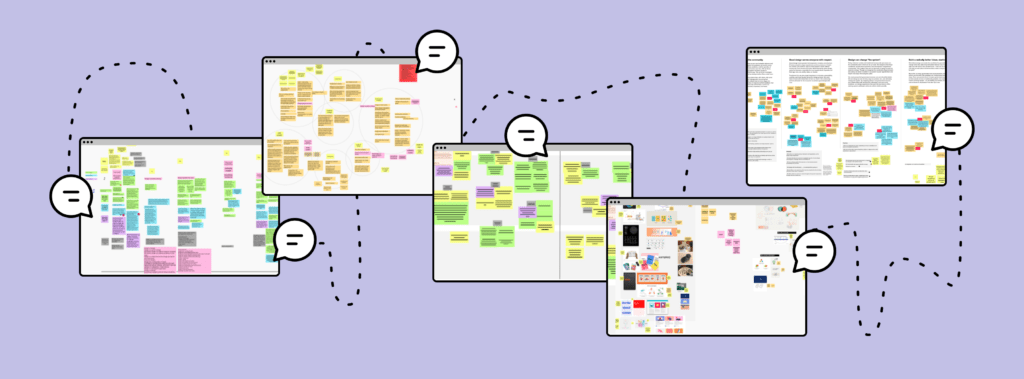 An illustration of several screens filled with brightly colored post its. Illustrated chat boxes are connected by a dotted line over a periwinkle background