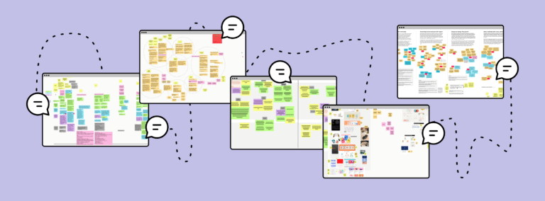 An illustration of several screens filled with brightly colored post its. Illustrated chat boxes are connected by a dotted line over a periwinkle background