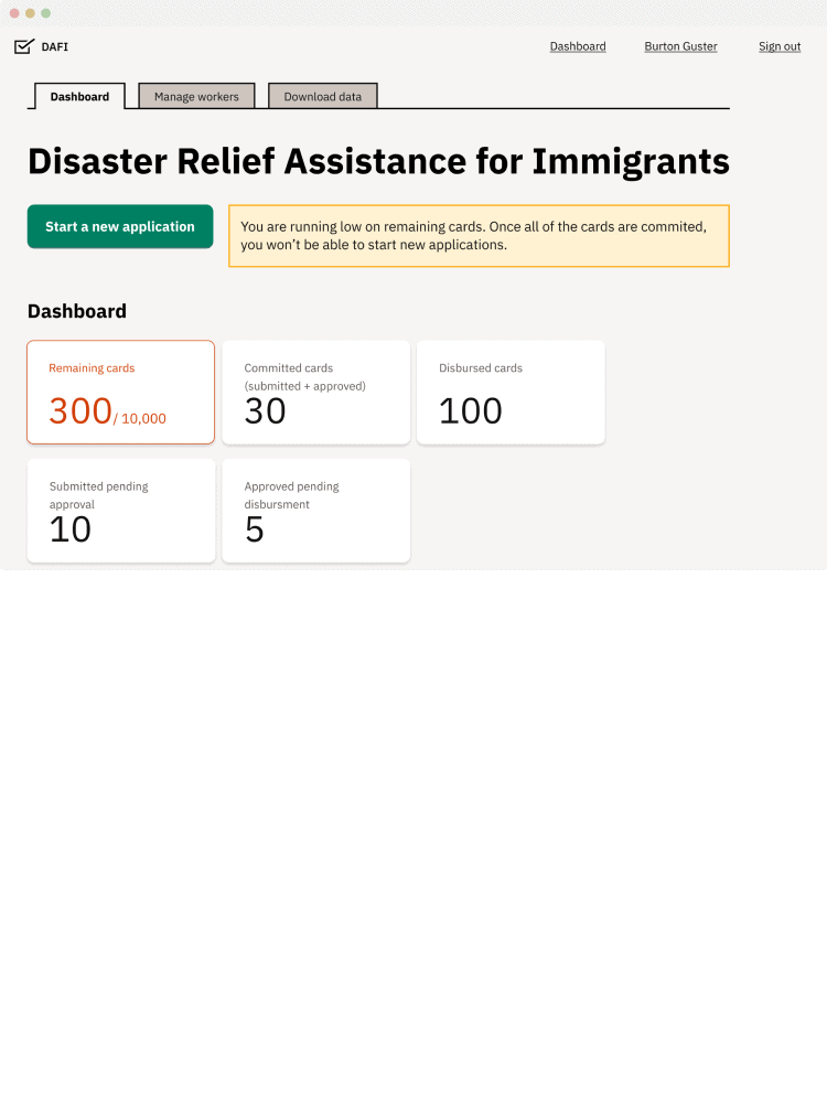 A screenshot of what a caseworker would see when helping people apply for DRAI