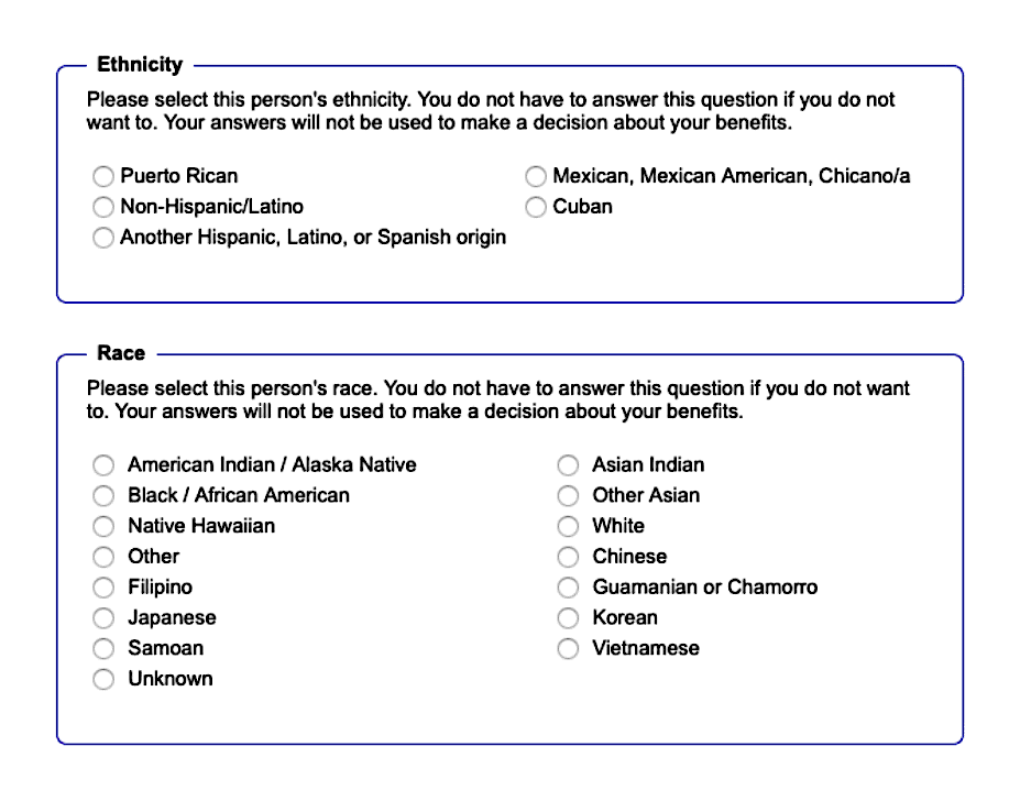Two questions on the a form, the first asking for the person's