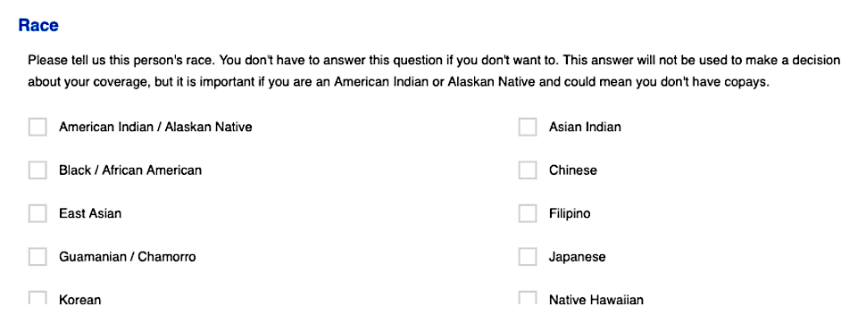 A section on a form asking for a person's race, followed by checkboxes with different racial categorizations.