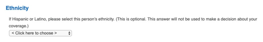 A section on a form asking for a person's ethnicity, followed by a drop-down select box.
