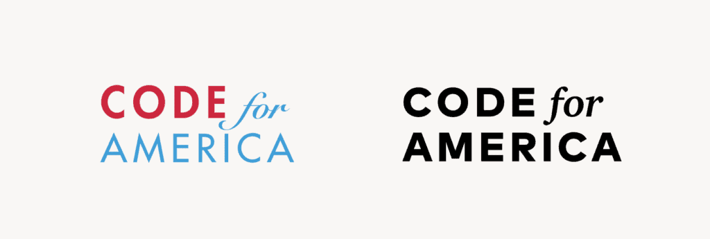 Old Code for America logo in blue and red next to new Code for America logo in black