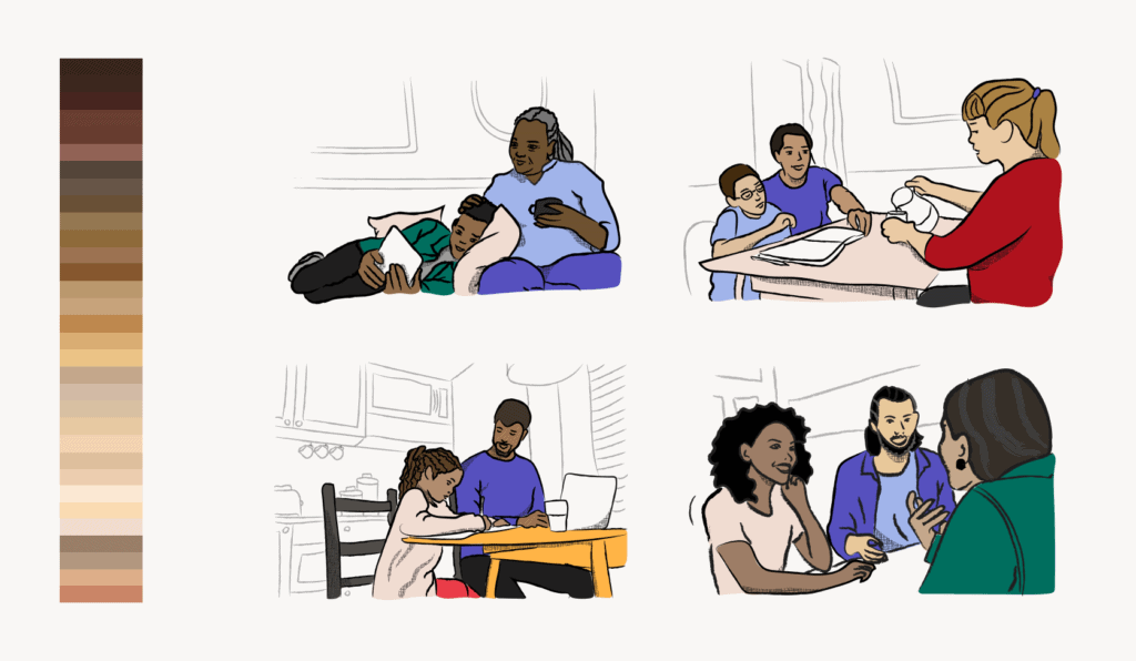 Four illustrations of people in new style with a bar to the left that shows a gradient of many realistic skin tones