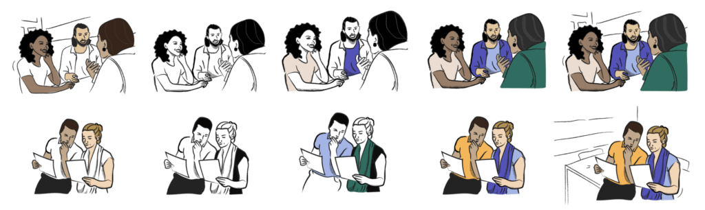 Image that shows two illustrations across multiple design phases with variations in color fill before landing on our new style