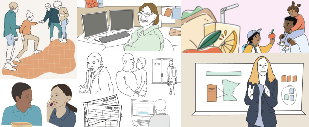 Collage-style image showing six different illustration styles from across Code for America products and/or storytelling
