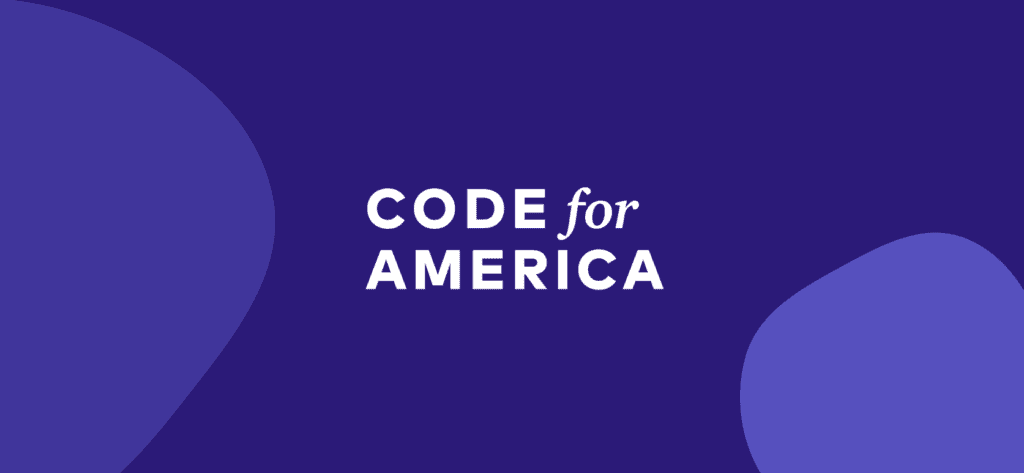 New Code for America logo in white on a blue/purple background with organic blob shapes