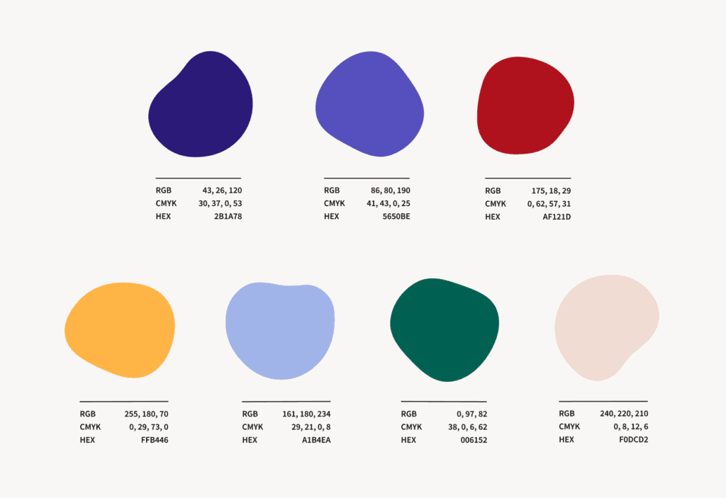 New color palette depicted in blob shapes: dark blue/purple, lighter blue/purple, red, yellow, light blue, emerald green, and beige