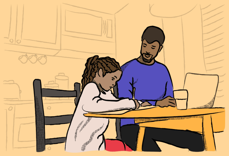 Illustration of an adult helping a child with their homework at a kitchen table
