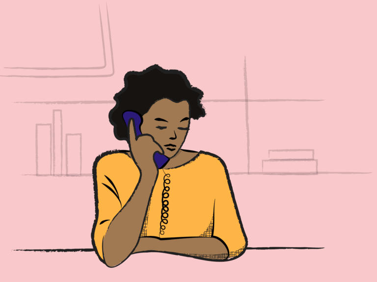Illustration of an adult talking on a corded telephone