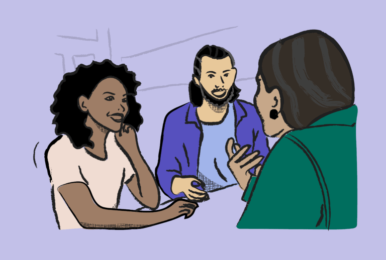 Illustration of three adults having a conversation