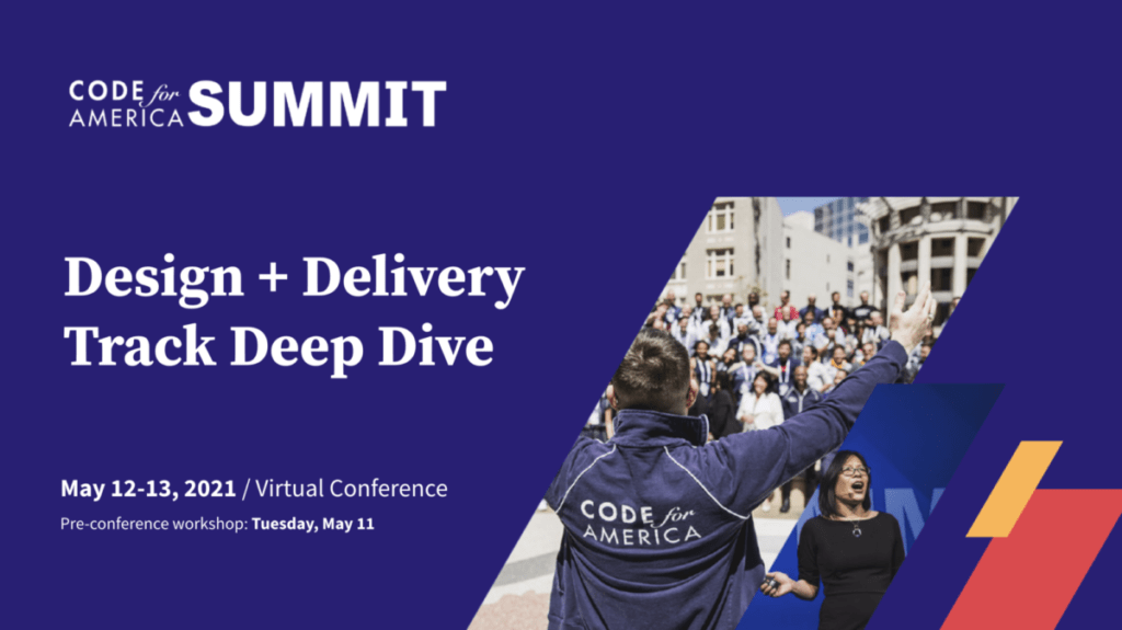 “Design and delivery track deep dive” is written in white font on a purple background next to a picture of someone with arms raised wearing a Code for America jacket