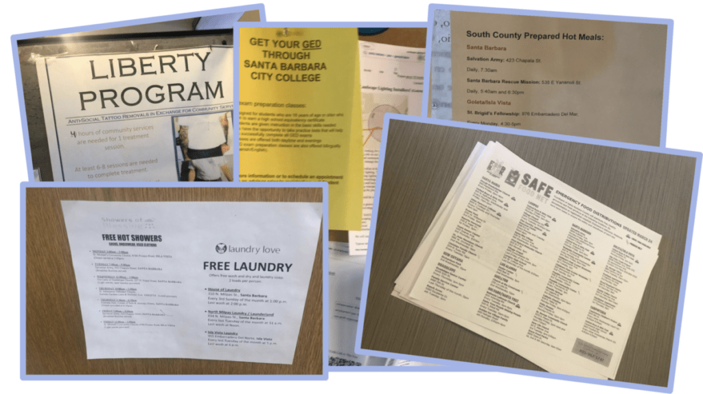 an image collage of posters that advertise various services for people going through reentry, like free laundry and tattoo removal.
