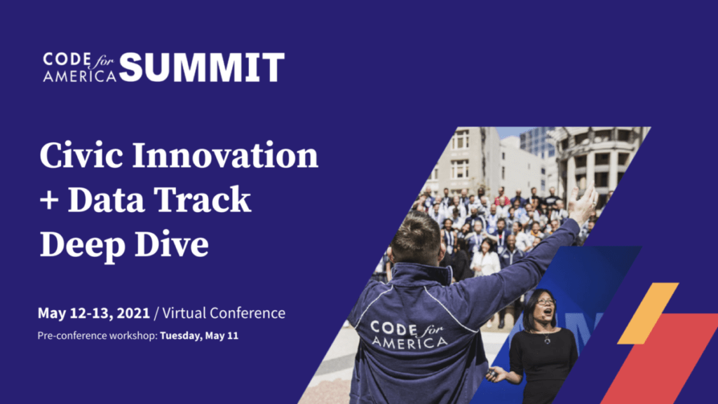 “Civic innovation and data track deep dive” is written in white font on a purple background next to a picture of someone with arms raised wearing a Code for America jacket