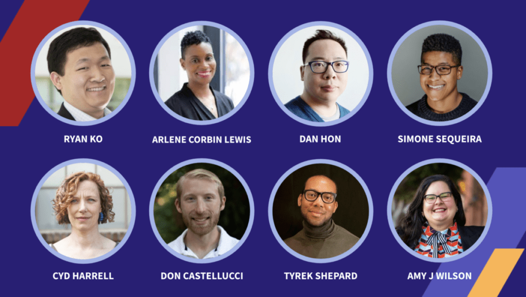 Headshots of all the members of the content committee against a purple background