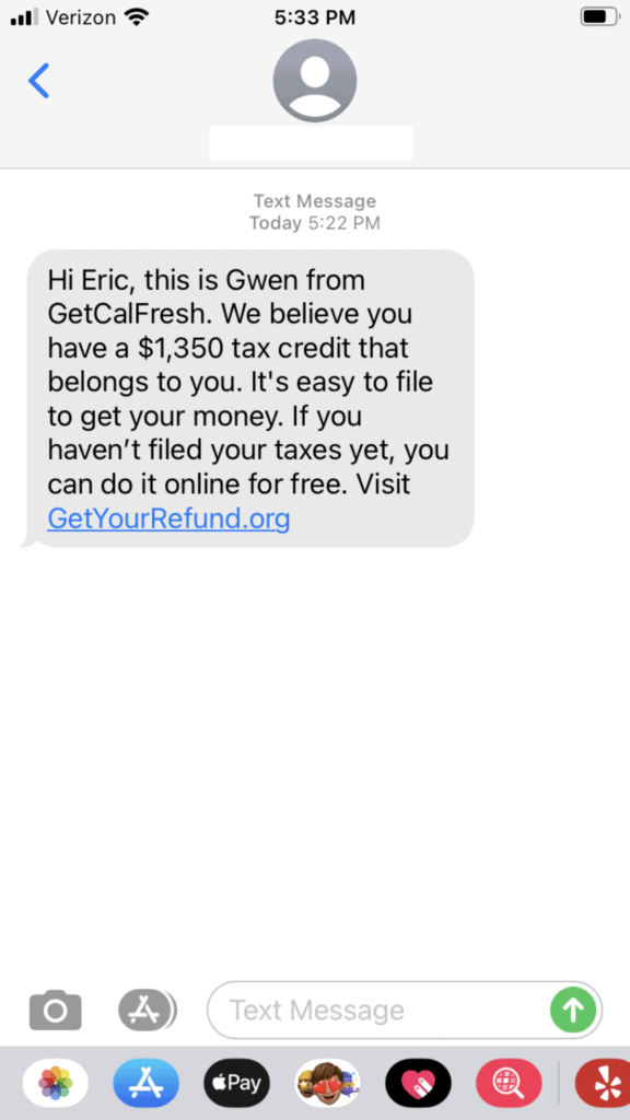 screenshot of a text message to a GetYourRefund client
