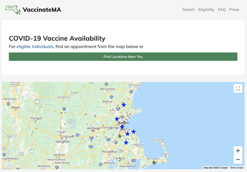 A map showing vaccine availability in MA