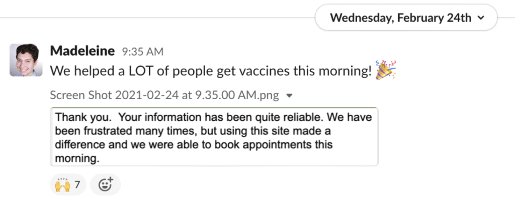 a screenshot of a thankful slack message