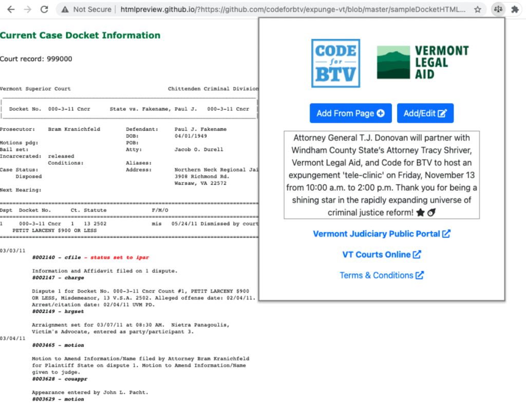 a screenshot of case docket information