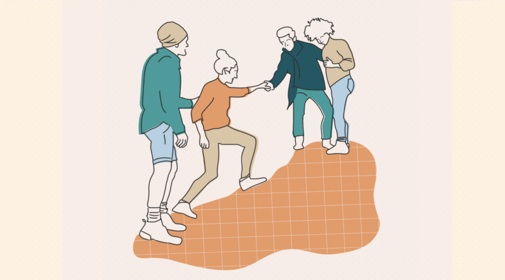 An illustration of four people climbing a mountainous shape; one is reaching back to help the other two behind
