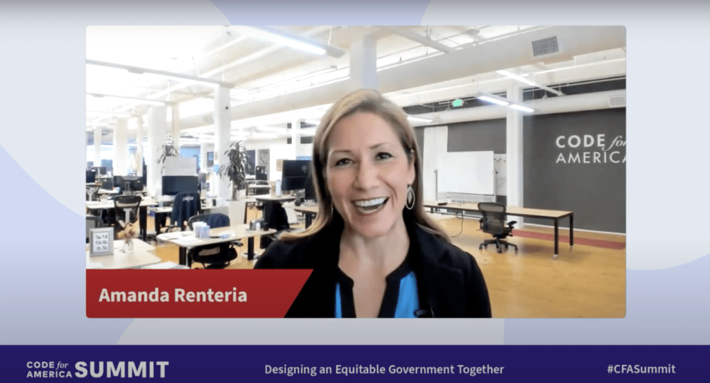 A screenshot of a YouTube video in which Amanda Renteria gives a speech