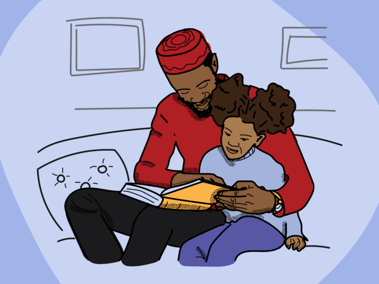 Illustration of an adult and child reading together