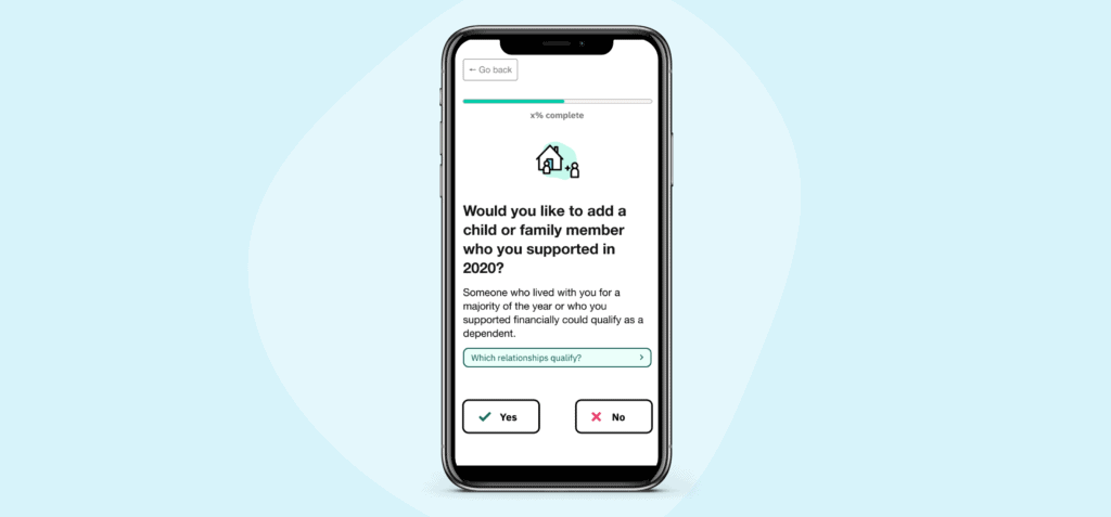 GetCTC on mobile phone screen asking client if they would like to add a child or family member who supported them in 2020