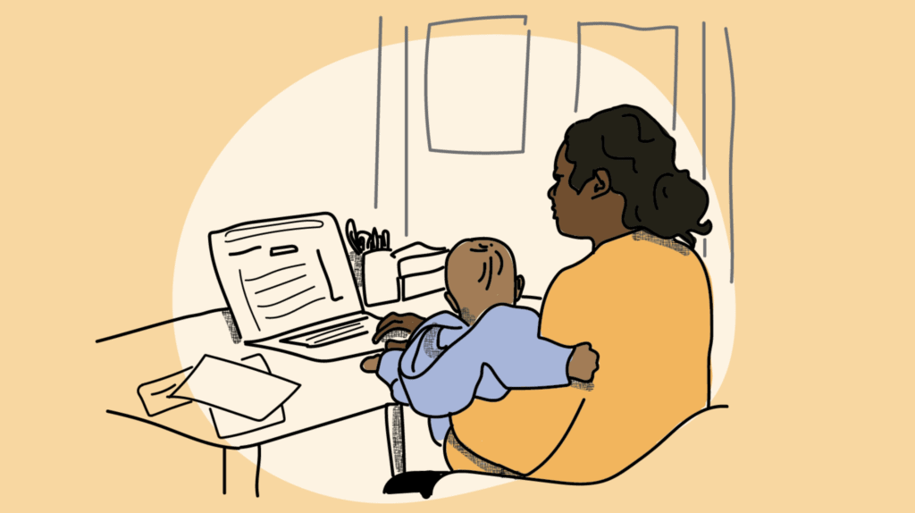 an illustration of a mother and baby at a computer