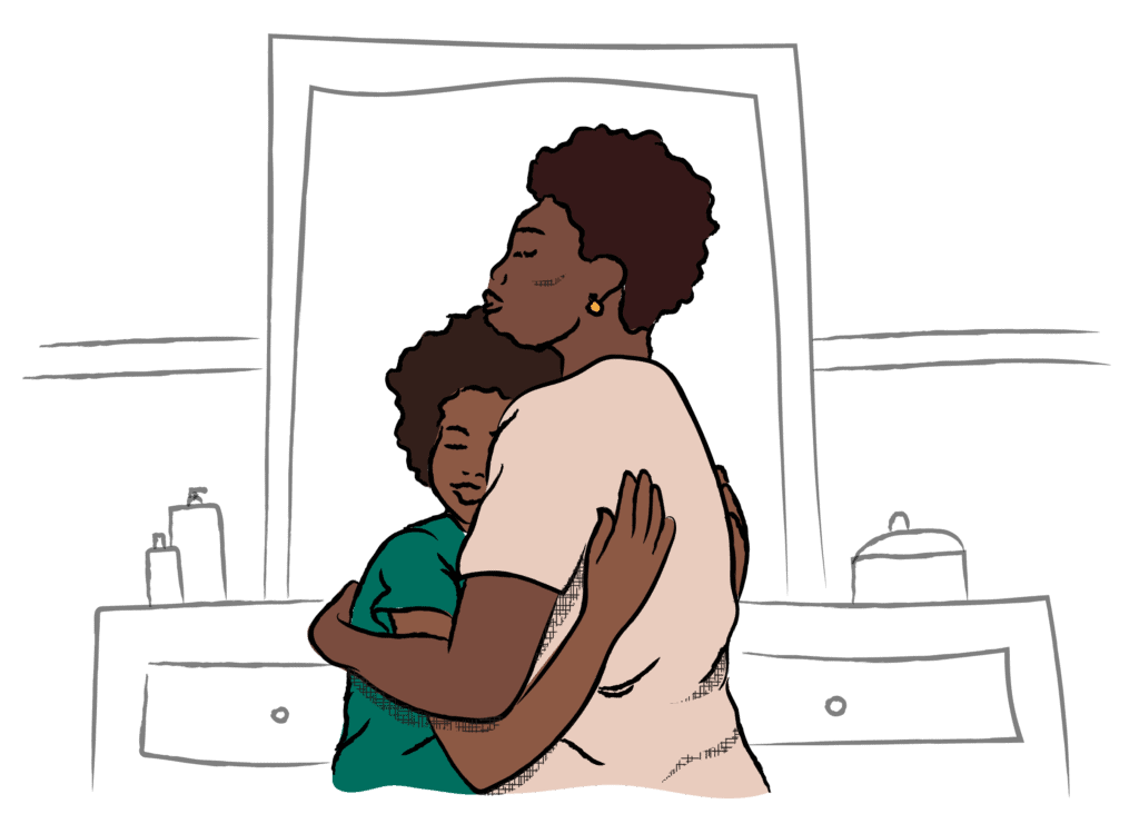 Illustration of an adult and child hugging