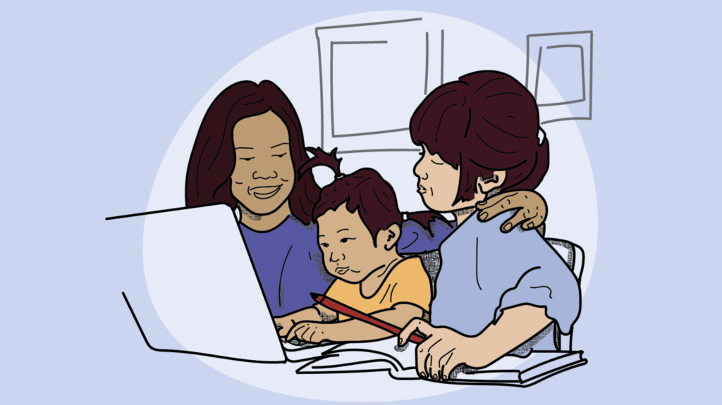 An illustration of a mother and two children at a computer