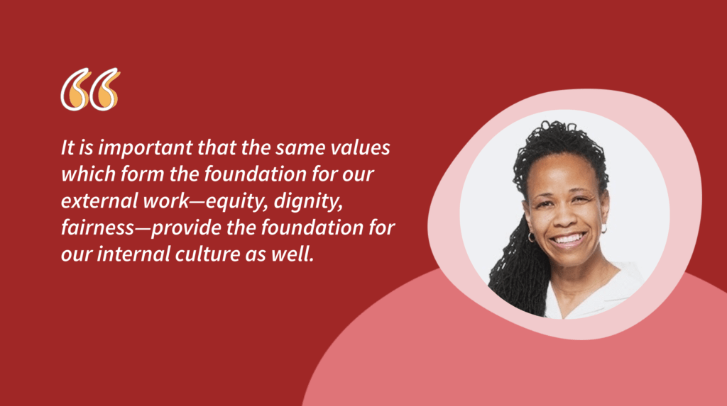 a red illustration of Leslie with a quote from the article