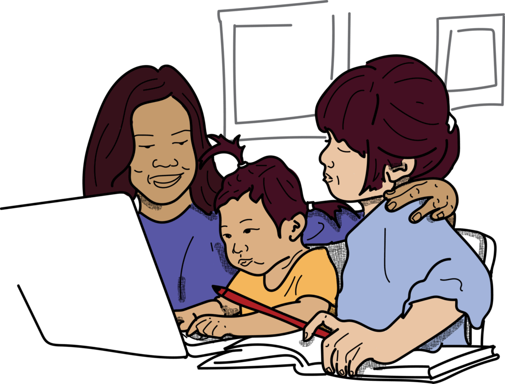 Illustration of an adult and children sitting around a computer