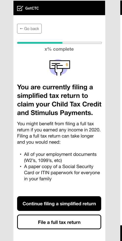 a screenshot of the new page for GetCTC that asks what type of return the client would like to file