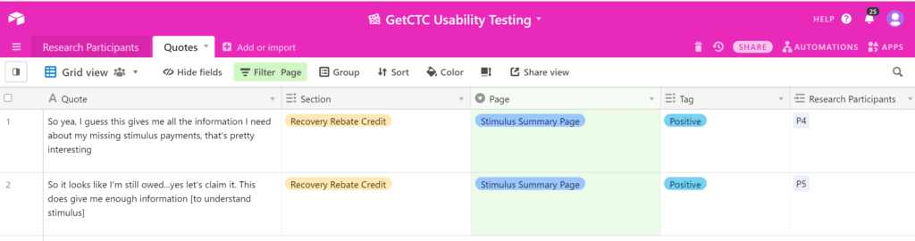 a screenshot of a spreadsheet with client quotes in it